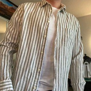 H&M Green and White Striped Casual Button Down Shirt